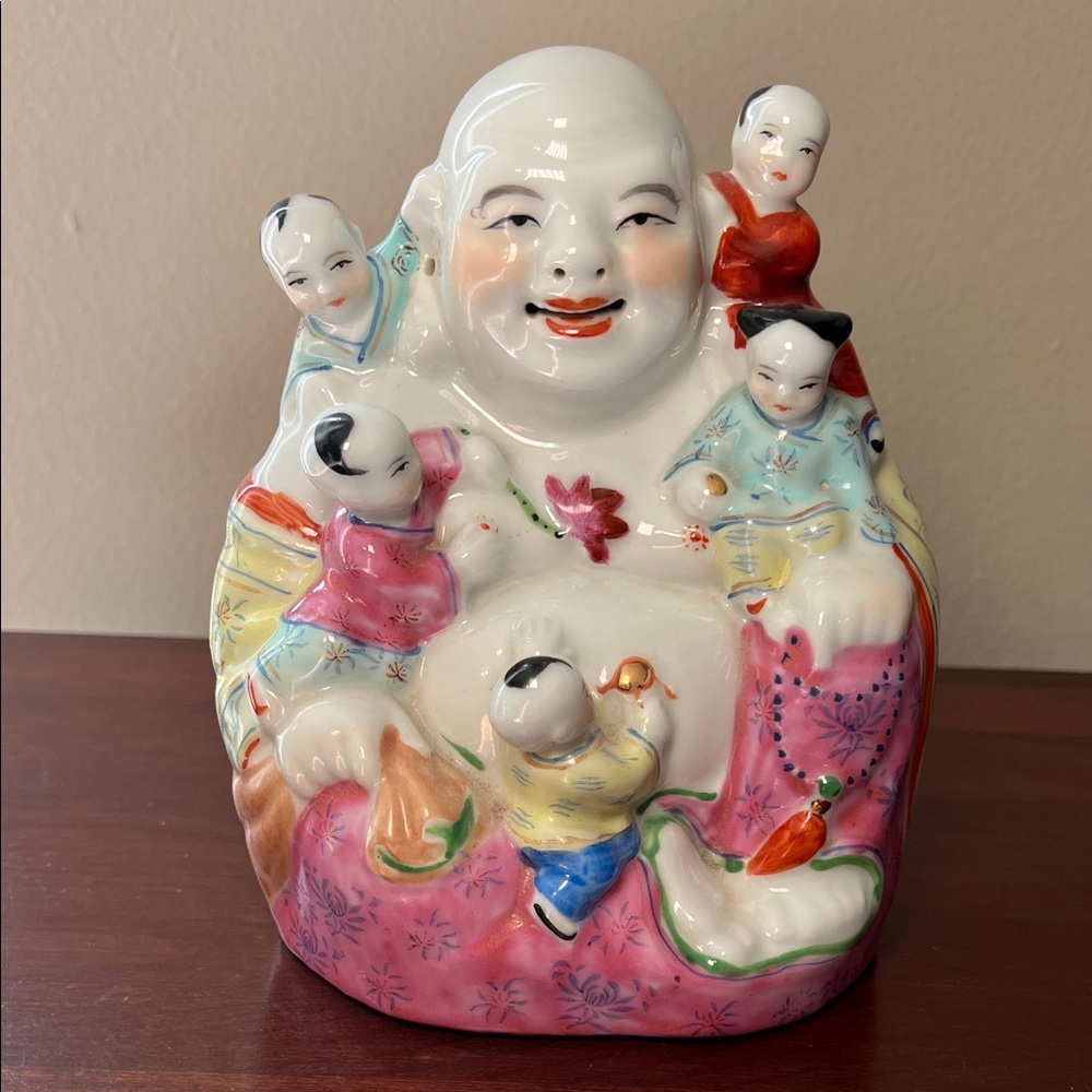 VTG Chinese Buddhism Famille Rose Handpainted Chinoiserie Laughing Buddha Statue